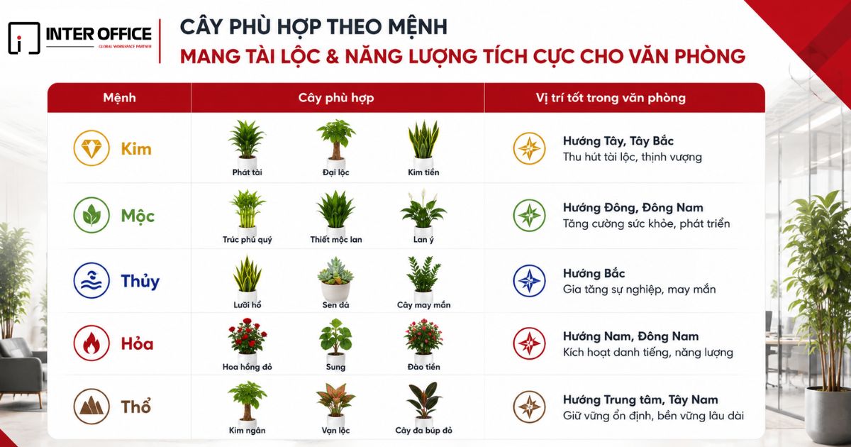 7 Nguyên Tắc Vàng Bố Trí Văn Phòng Theo Phong Thủy 2026 6 cây phù hợp theo mệnh