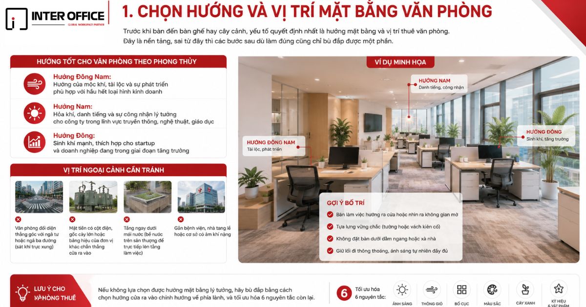 7 Nguyên Tắc Vàng Bố Trí Văn Phòng Theo Phong Thủy 2026 3 Chọn hướng và vị trí mặt bằng văn phòng phù hợp