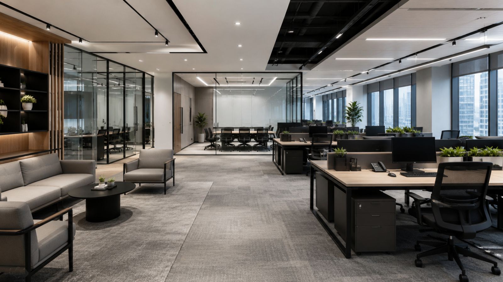 Ý Tưởng Thiết Kế Văn Phòng 300m2 Theo Xu Hướng Được Ưa Chuộng 10 Phong cách hiện đại với tone màu trung tính trắng đen xám