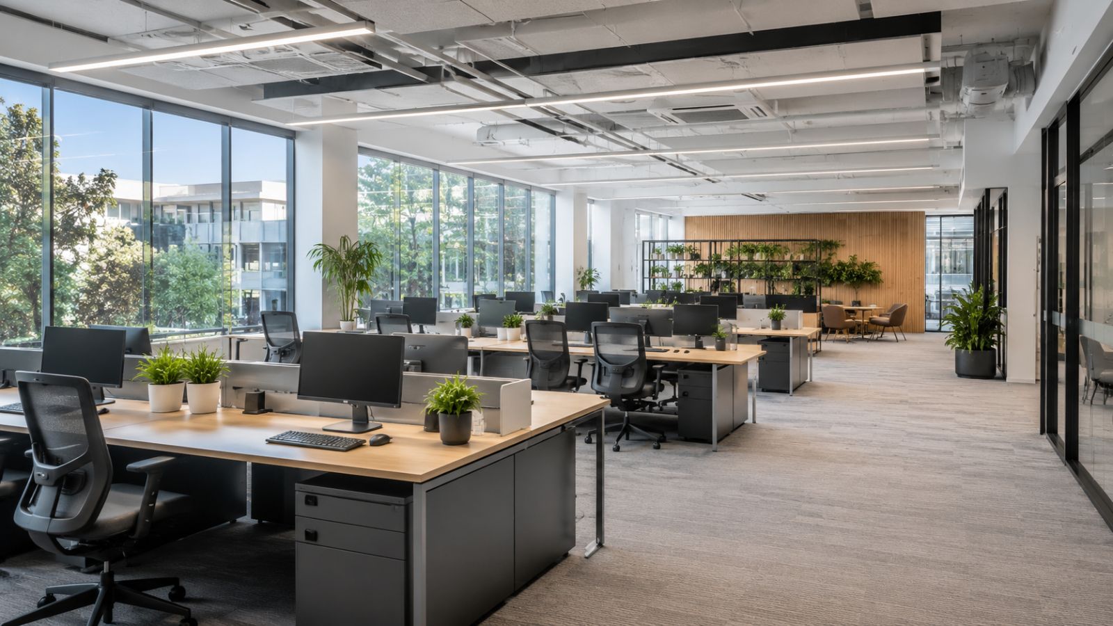 Ý Tưởng Thiết Kế Văn Phòng 300m2 Theo Xu Hướng Được Ưa Chuộng 3 Dùng dãy bàn cụm trong không gian open space