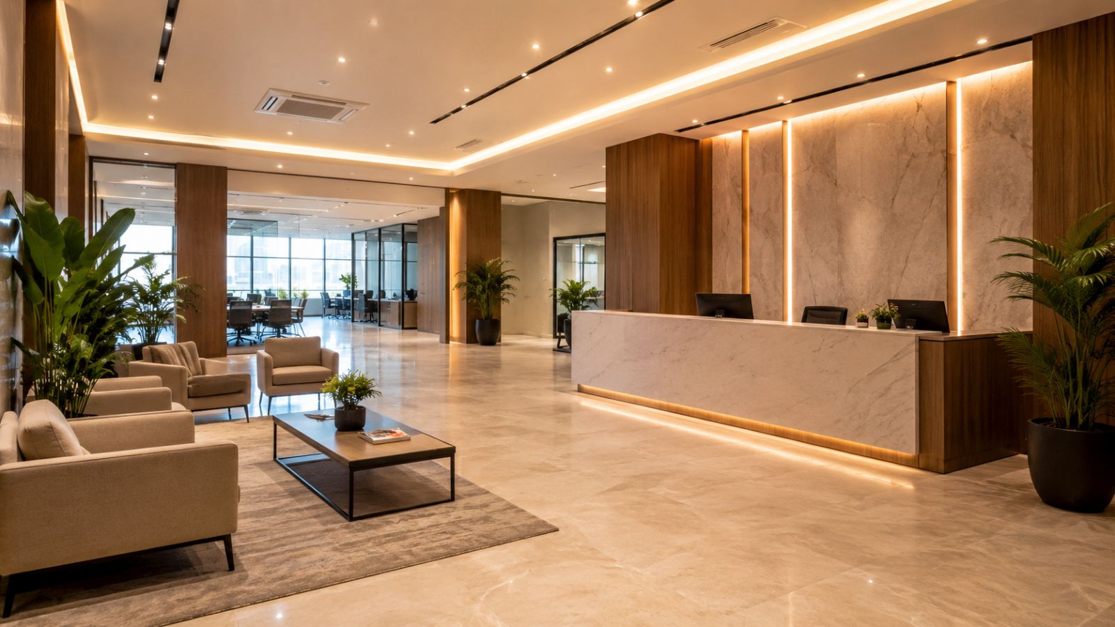 Ý Tưởng Thiết Kế Văn Phòng 300m2 Theo Xu Hướng Được Ưa Chuộng 6 Quầy lễ tân đặt gần lối vào chính. Logo, màu sắc thương hiệu, ánh sáng và vật liệu phối hợp thống nhất