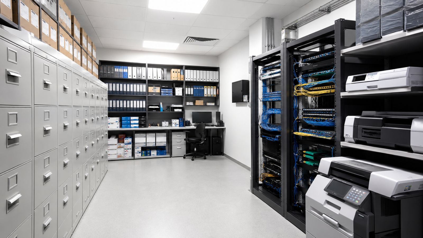 Ý Tưởng Thiết Kế Văn Phòng 300m2 Theo Xu Hướng Được Ưa Chuộng 8 Không gian kho lưu trữ được bố trí ngăn nắp, gọn gàng