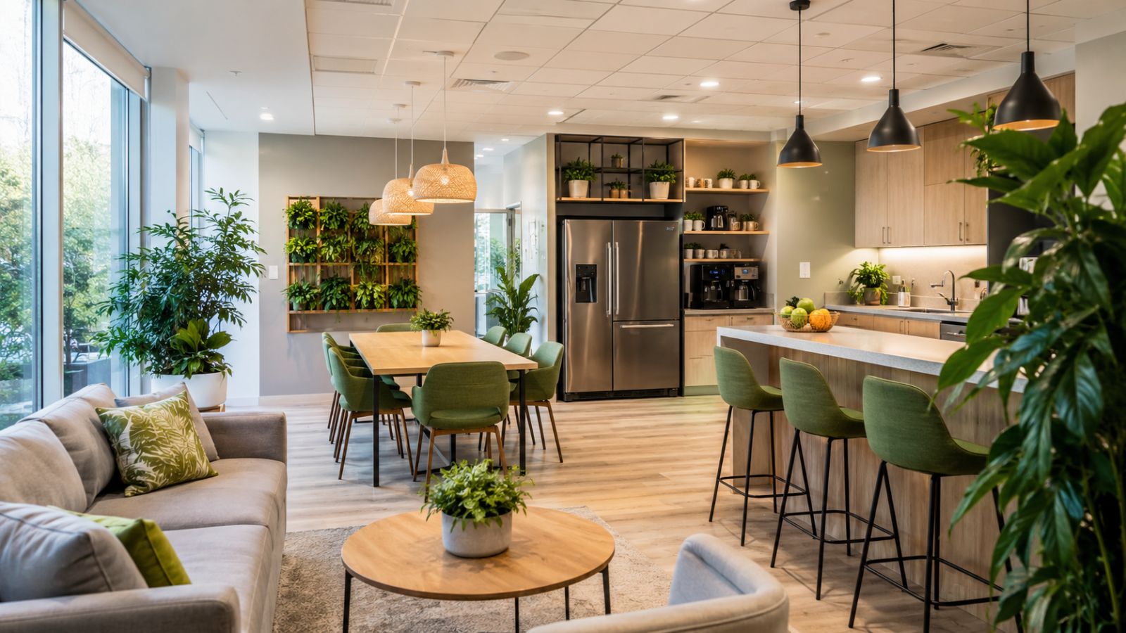 Ý Tưởng Thiết Kế Văn Phòng 300m2 Theo Xu Hướng Được Ưa Chuộng 7 Pantry thể kết hợp khu lounge, ghế sofa hoặc bàn cao để trao đổi nhanh