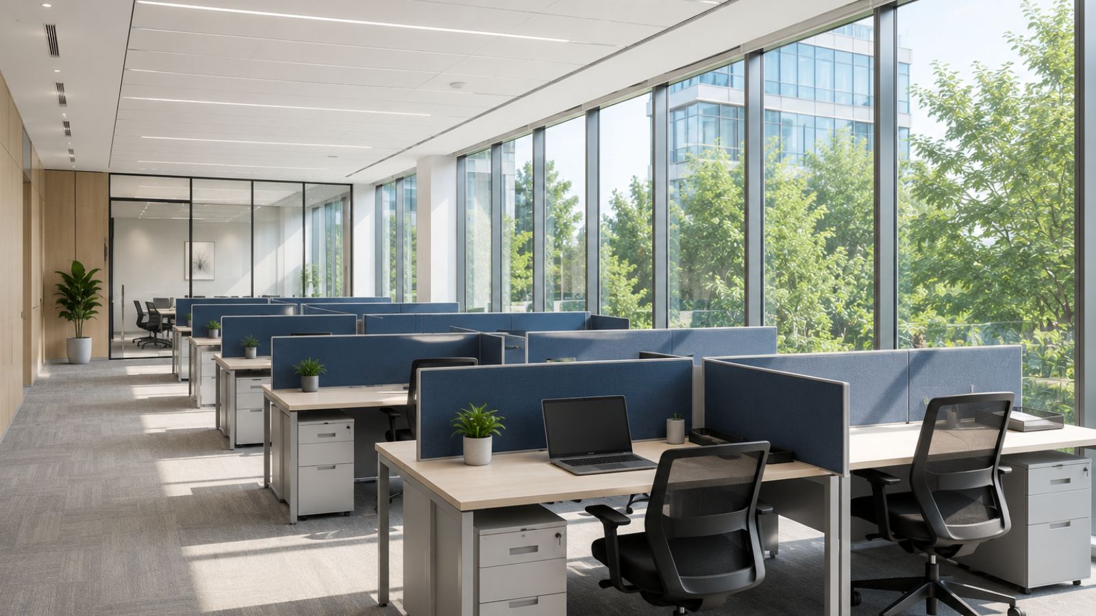 Tiêu Chuẩn Ánh Sáng Trong Văn Phòng Giúp Tối Ưu Hiệu Suất 2026 8 Hệ kính cường lực tận dụng ánh sáng tự nhiên trong văn phòng mở