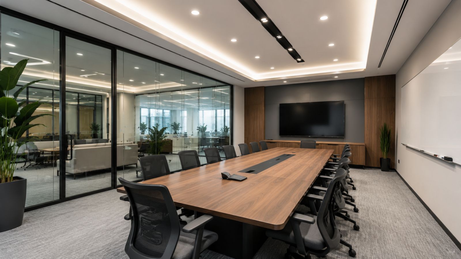 Ý Tưởng Thiết Kế Văn Phòng 300m2 Theo Xu Hướng Được Ưa Chuộng 4 Dùng hệ thống màn hình LED cỡ lớn, camera trực tuyến đa góc và các điểm sạc âm bàn tiện lợi.