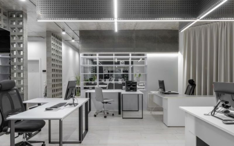 Mẫu thiết kế văn phòng 50m2 trắng xám hiện đại