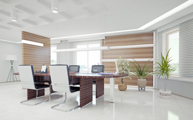 Trần thạch cao giật cấp với đèn LED âm trần trong văn phòng hiện đại