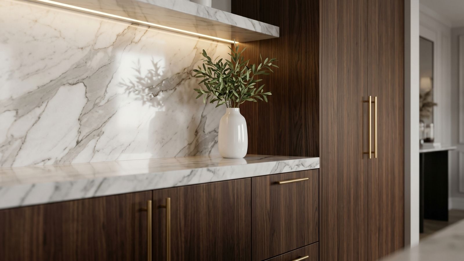 Để tạo sự thẩm mỹ cho văn phòng, sử dụng đá Marble Calacatta và gỗ Óc Chó
