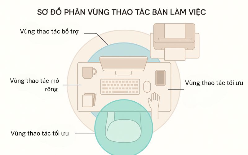 Sơ đồ phân vùng thao tác ergonomic tại bàn làm việc.