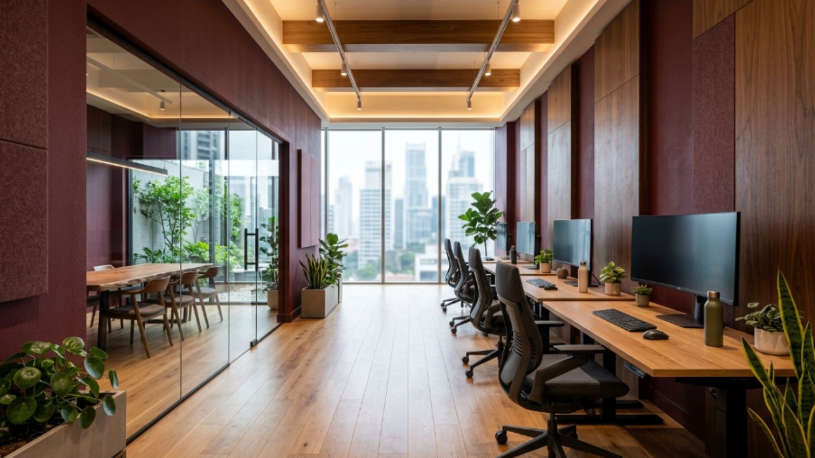 Phong Cách Eco Là Gì? 30+ Mẫu Thiết Kế Văn Phòng Phong cách Eco 16 Văn phòng hiện đại với tường màu burgundy trầm, nội thất gỗ tự nhiên