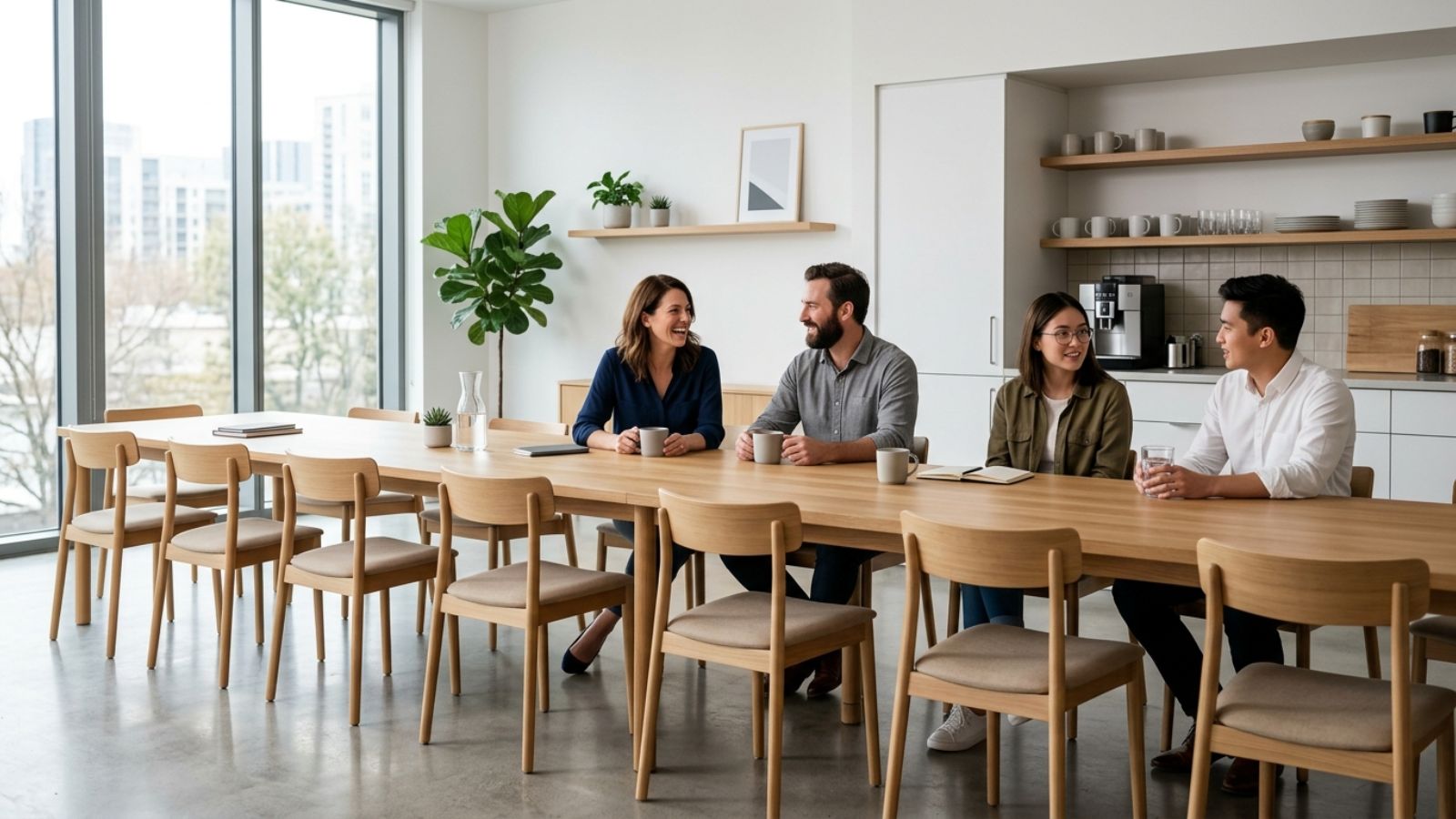 Sử dụng bàn dài khu pantry phong cách tối giản giúp kết nối nhân sự với nhau