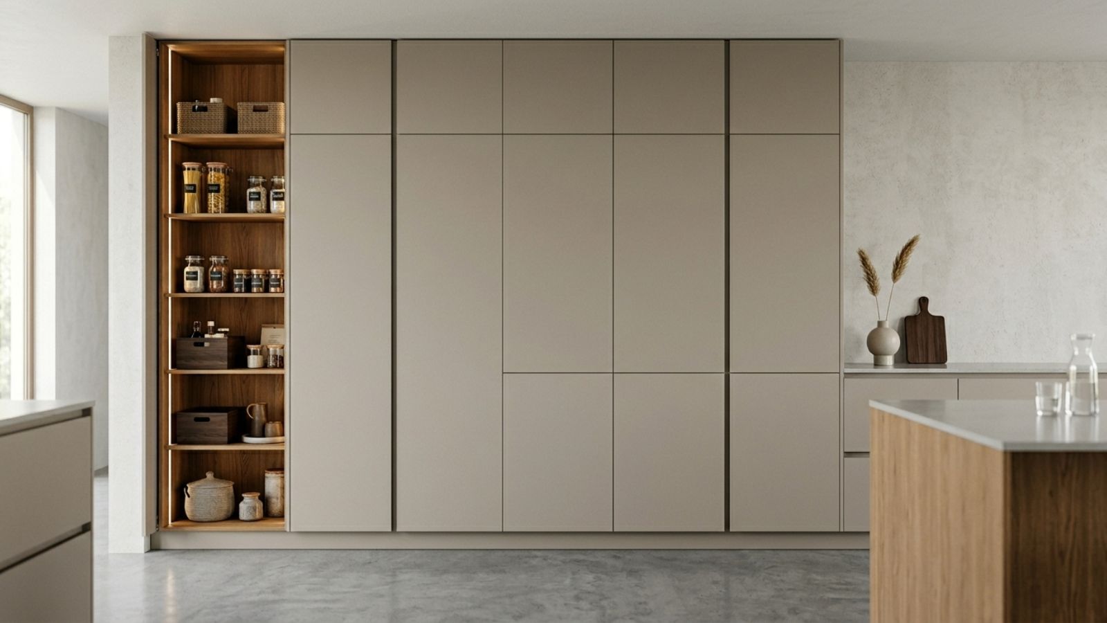 Thiết kế hệ thống tủ phẳng gọn gàng cho khu vực pantry theo phong cách tối giản