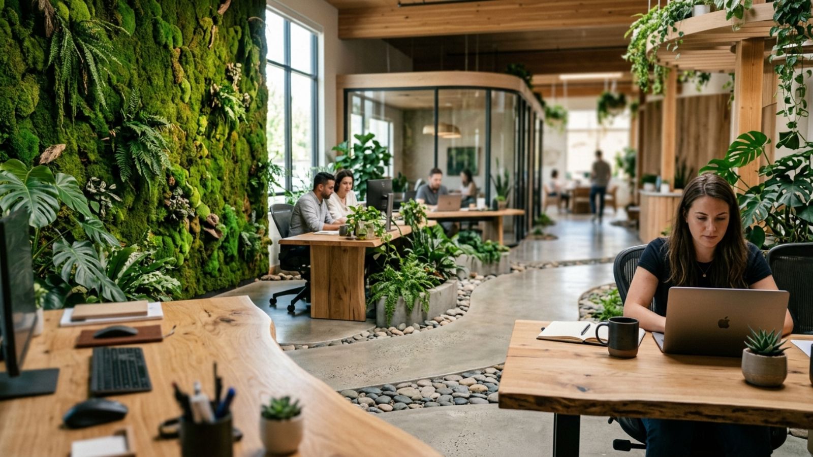 Văn phòng với thiết kế nội thất tự nhiên, vật liệu xanh mộc mạc tinh tế
