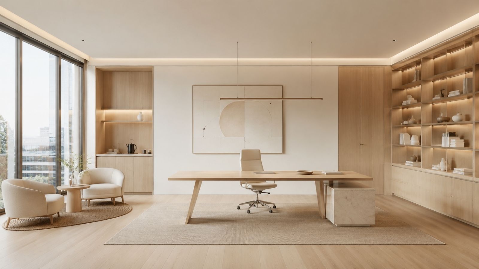 Bố trí một khu vực tiếp khách sang trọng ngay trong phòng lãnh đạo với một bộ sofa nhỏ gọn