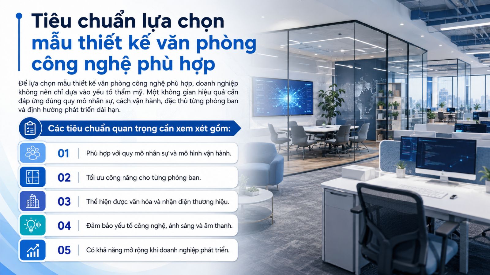 30+ Mẫu Thiết Kế Văn Phòng Công Nghệ Đẹp, Hiện Đại & Sáng Tạo 2026 38 Tiêu chuẩn của thiết kế văn phòng công nghệ 2026