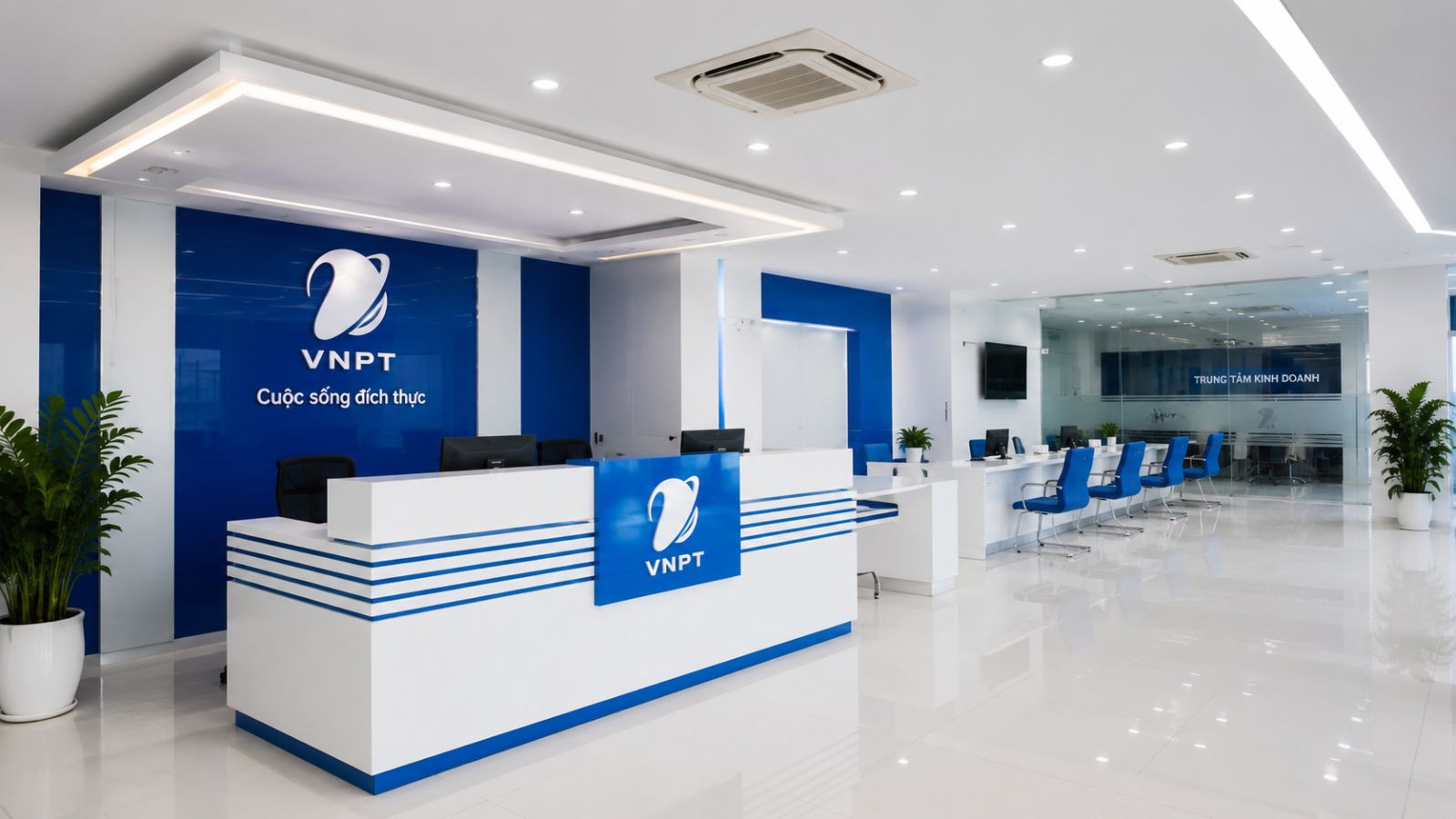 30+ Mẫu Thiết Kế Văn Phòng Công Nghệ Đẹp, Hiện Đại & Sáng Tạo 2026 21 Mẫu văn phòng VNPT hiện đại với không gian làm việc sáng thoáng, tông xanh công nghệ và khu tiếp khách chuyên nghiệp