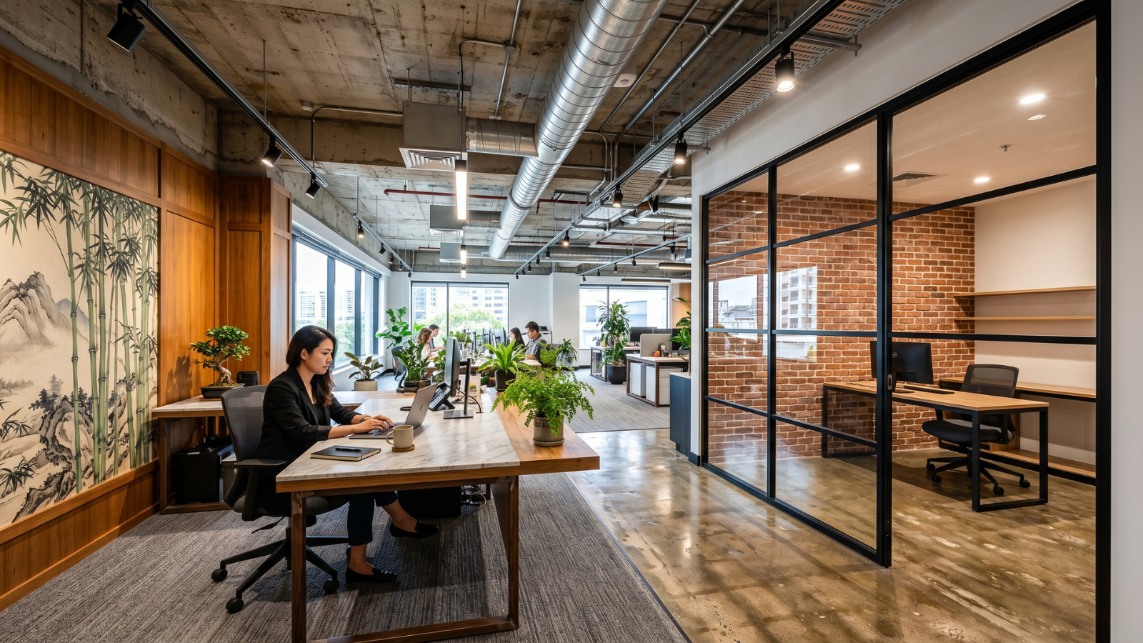 thiết kế văn phòng kết hợp giữa phong cách công nghiệp và phong cách zen