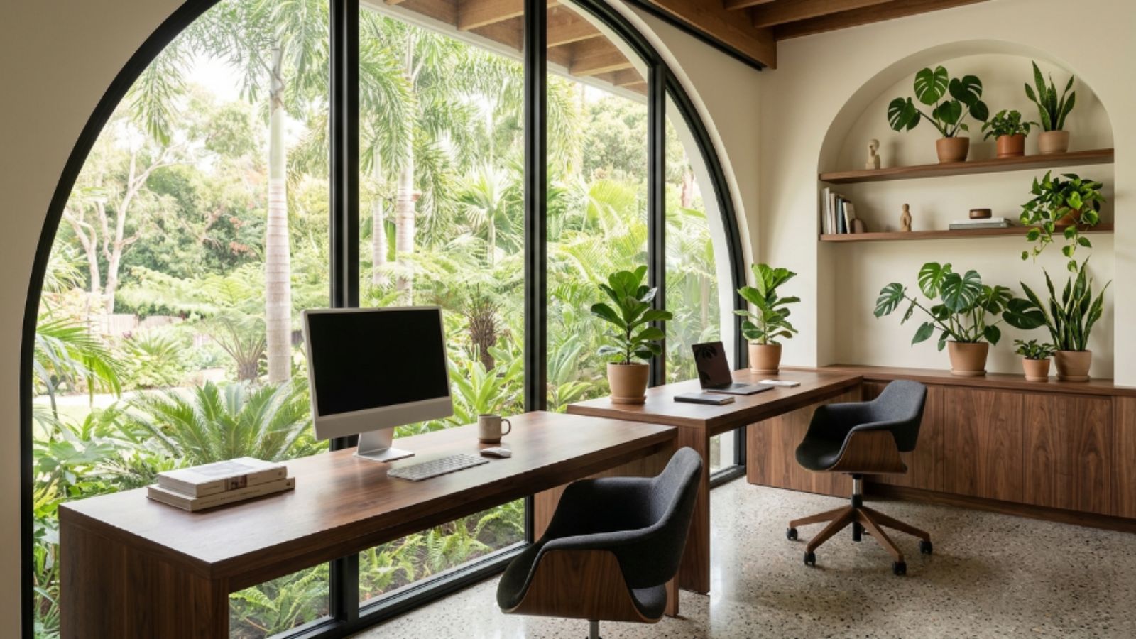 Phong Cách Thiết Kế Indochine (Đông Dương) Sang Trọng 2026 15 Đặt bàn làm việc bên dưới cửa vòm