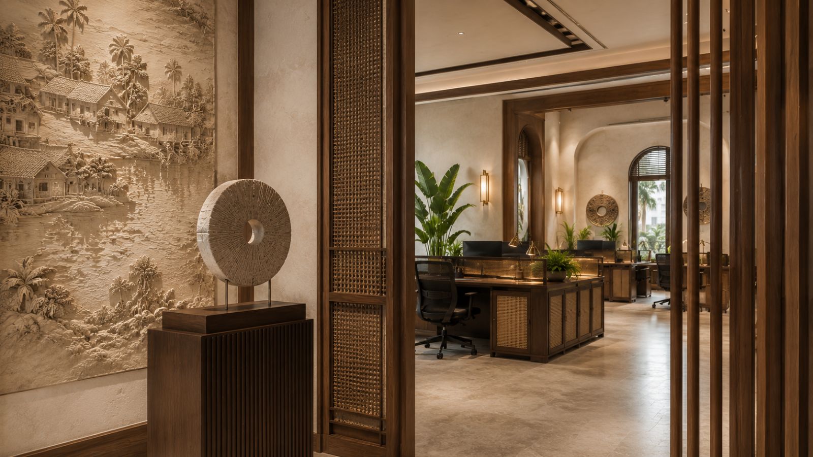 Phong Cách Thiết Kế Indochine (Đông Dương) Sang Trọng 2026 6 Chạm khắc thủ công họa tiết làng quê trên tường