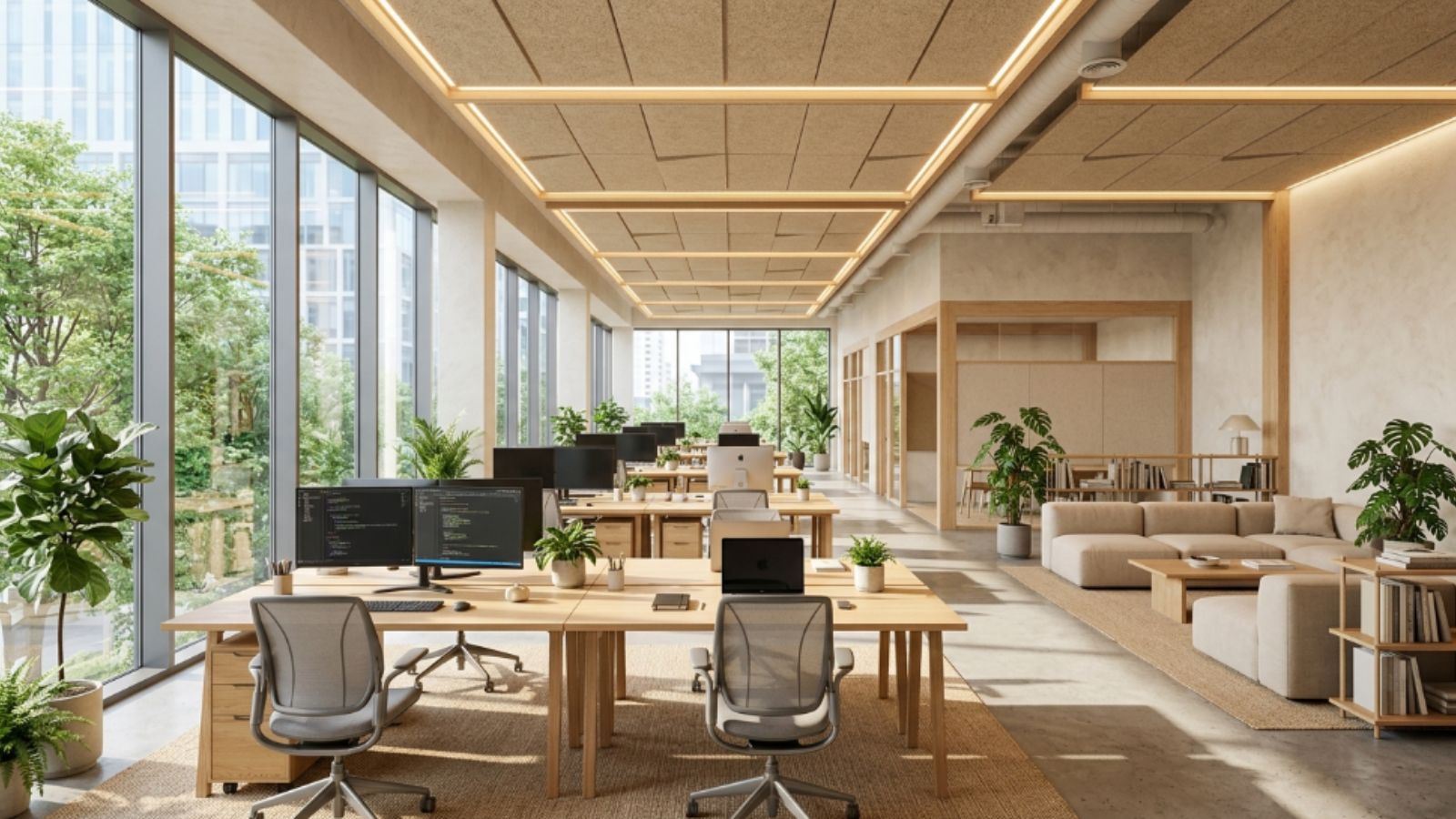 Phong Cách Eco Là Gì? 30+ Mẫu Thiết Kế Văn Phòng Phong cách Eco 3 Dùng hệ vách ngăn kính lớn và trần đóng trong văn phòng eco