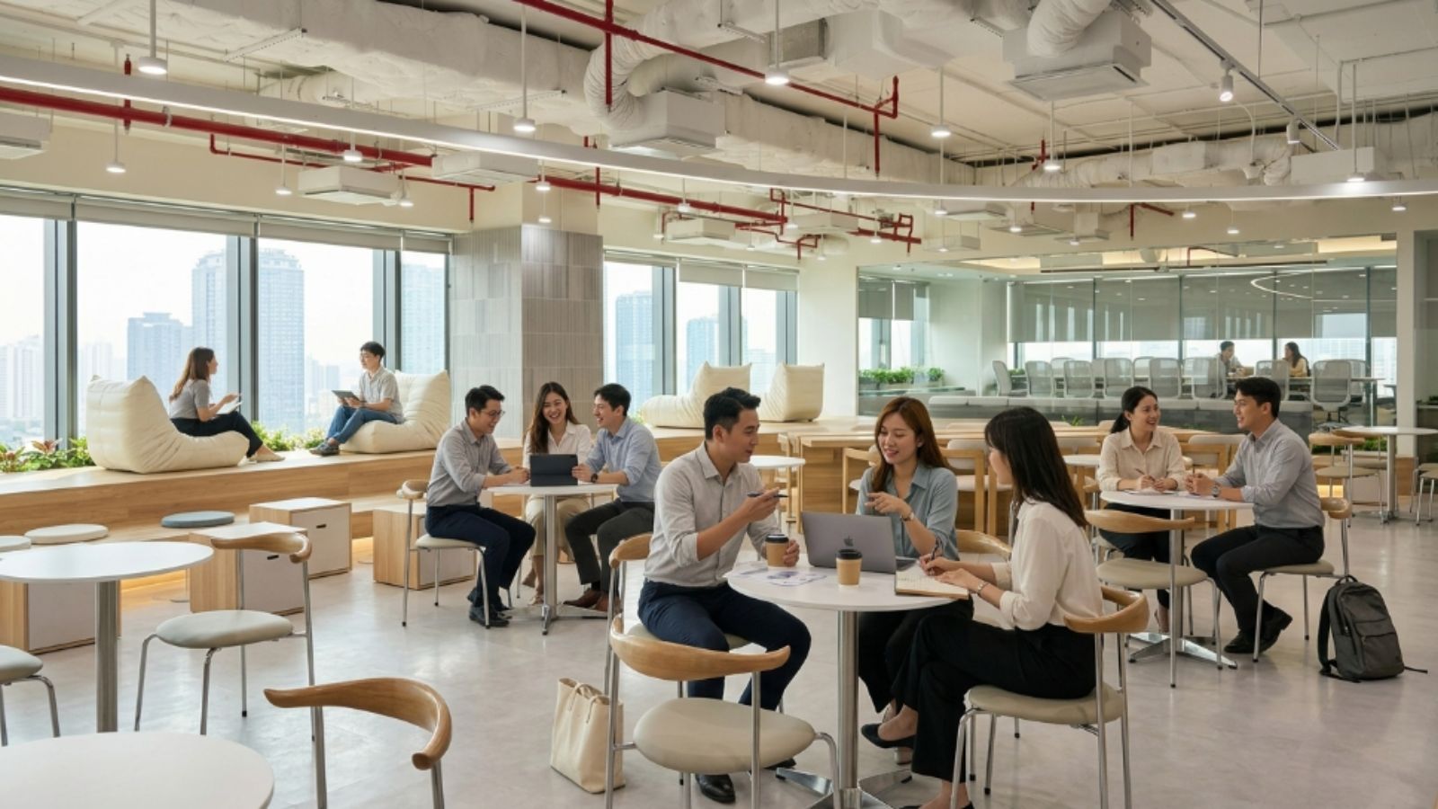 20+ Mẫu Thiết Kế Văn Phòng Mở Chuyên Nghiệp 2026 5 Nhân sự đang thảo luận trong không gian mở