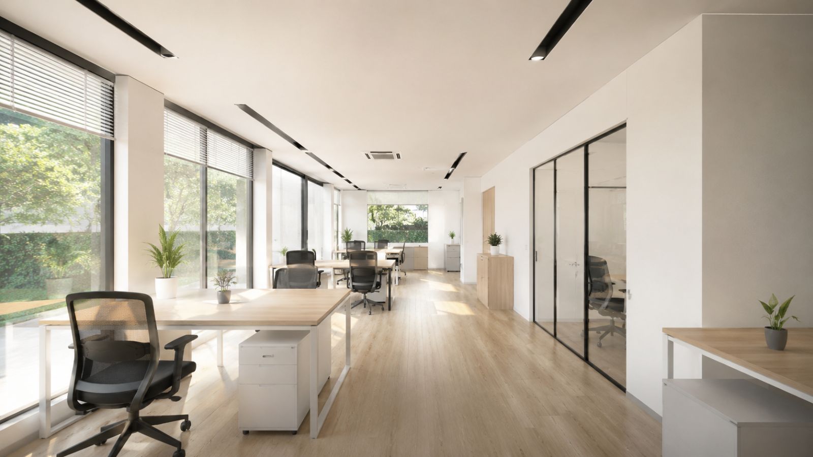Sắp xếp bàn làm việc và ghế ngồi theo trục dọc tạo lối đi thông thoáng cho văn phòng diện tích nhỏ