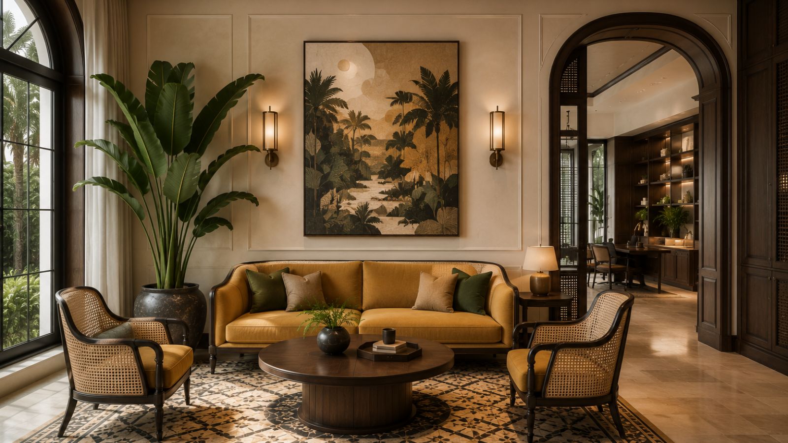 Phong Cách Thiết Kế Indochine (Đông Dương) Sang Trọng 2026 13 Sử dụng hệ bàn ghế sofa mềm màu vàng trong khu tiếp khách