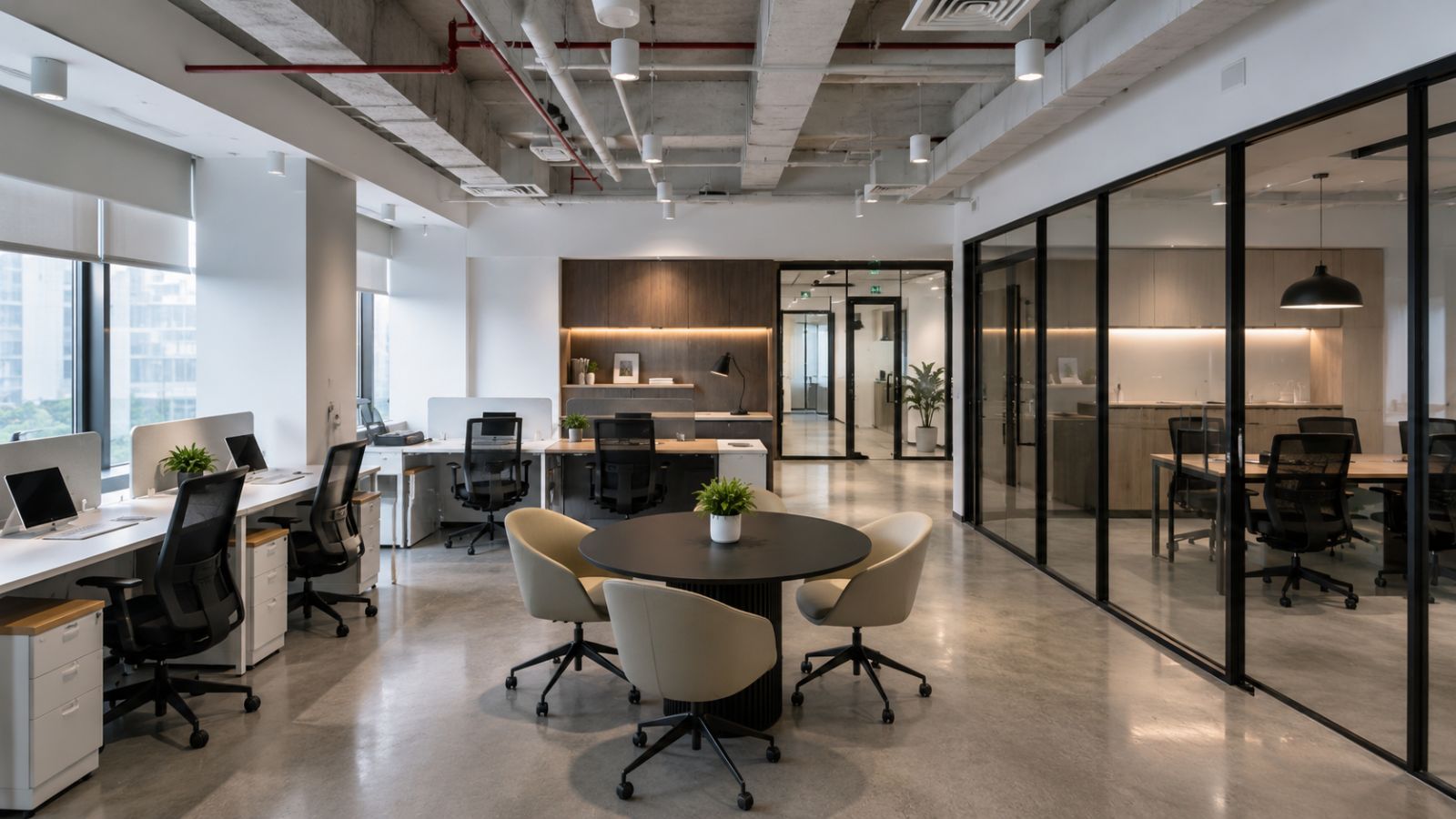 10+ Mẫu Thiết Kế Văn Phòng Làm Việc 50m2 Hiện Đại 9 Phong cách công nghiệp sử dụng trần lộ thiên