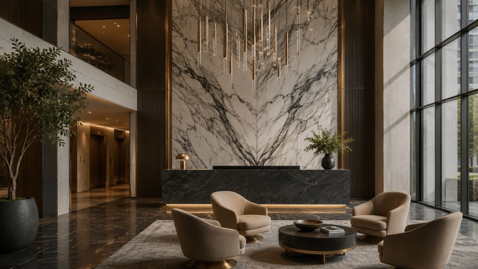 Ứng dụng các vật liệu cao cấp như đá Marble tự nhiên hoặc đá nhân tạo Solid Surface với bề mặt sáng bóng trong lễ tân văn phòng