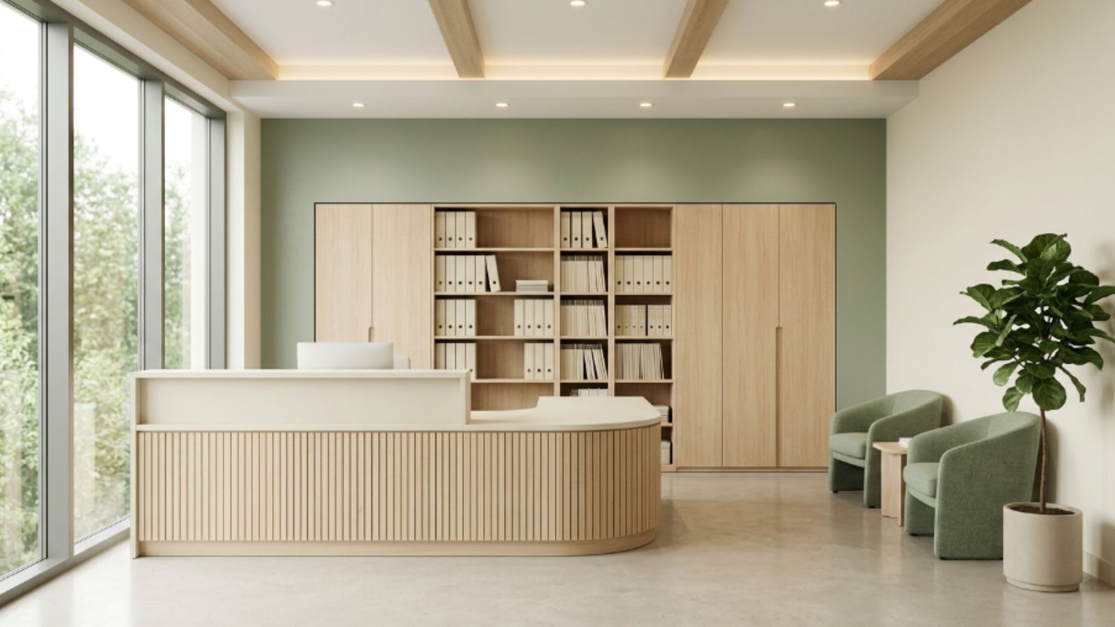 Phong Cách Eco Là Gì? 30+ Mẫu Thiết Kế Văn Phòng Phong cách Eco 15 Thiết kế quầy lễ tân màu xanh sage và kem
