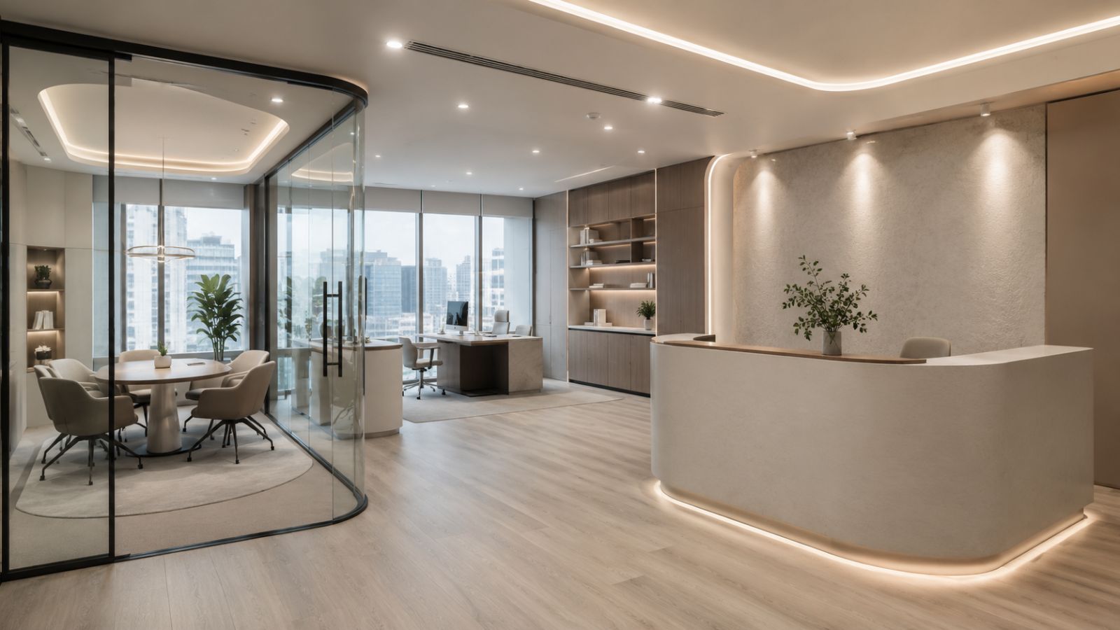 10+ Mẫu Thiết Kế Văn Phòng Làm Việc 50m2 Hiện Đại 11 Sử dụng các bàn làm việc tích hợp hệ tủ thông minh