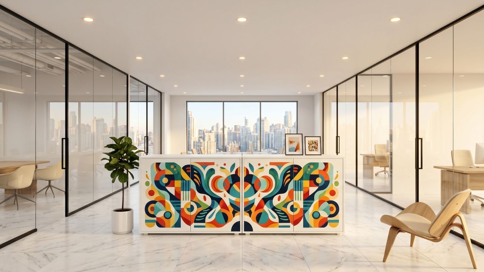 văn phòng phong cách công nghiệp với các thiết kế trừu tượng trên hệ tủ