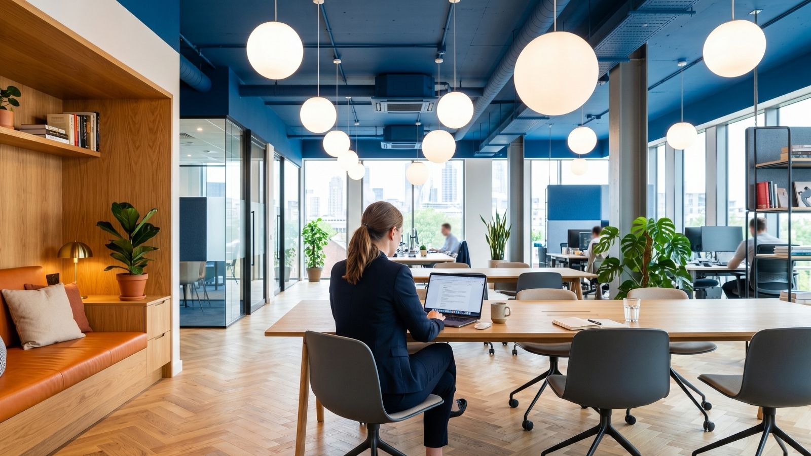 thiết kế văn phòng công nghiệp cùng với gam màu xanh da trời