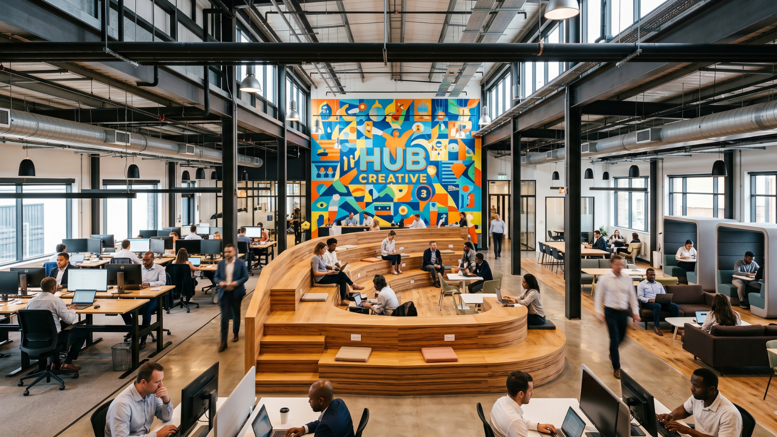 không gian văn phòng tích hợp nhiều phong ban mang lại sự tiện nghi và linh hoạt