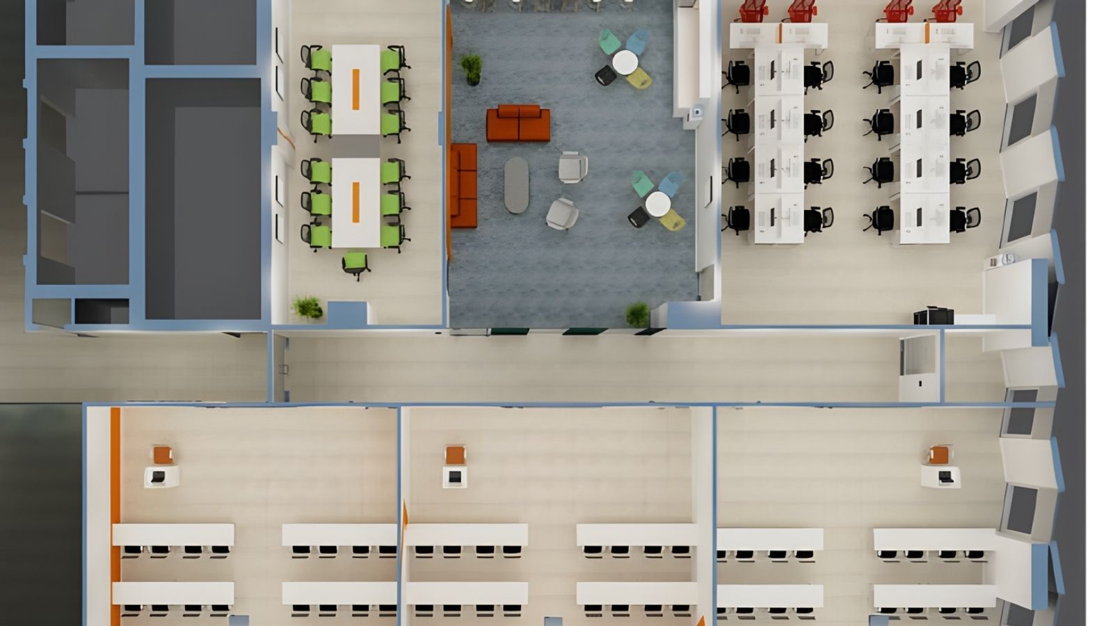 Bản thiết kế phối cảnh 3D trực quan không gian văn phòng.