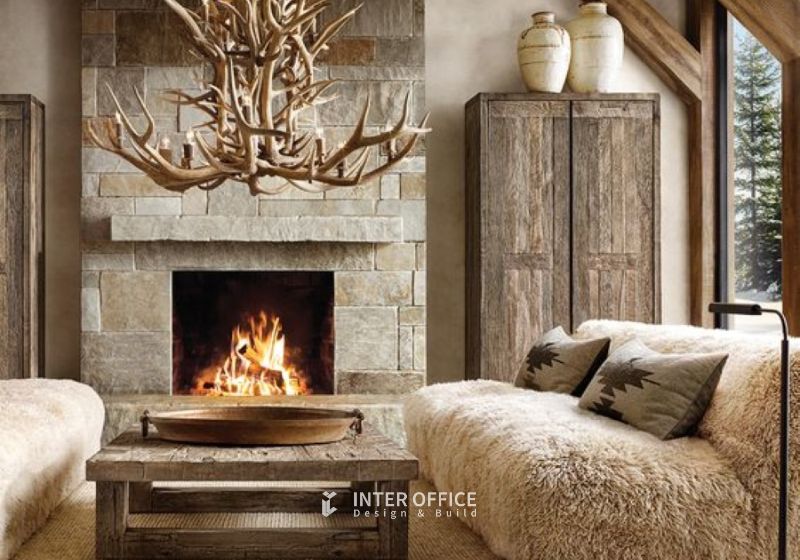 Lò sưởi điểm nhấn trong phong cách rustic