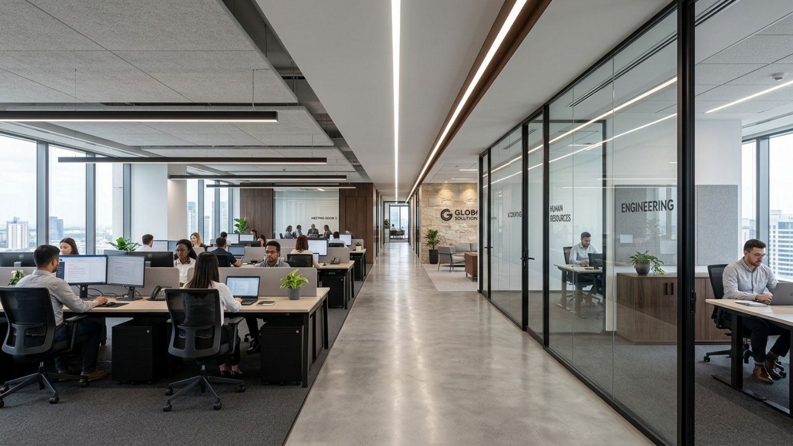 Thiết kế văn phòng trần cao với hệ đèn LED hiện đại, ánh sáng tự nhiên từ cửa kính panorama lớn giúp không gian rộng thoáng