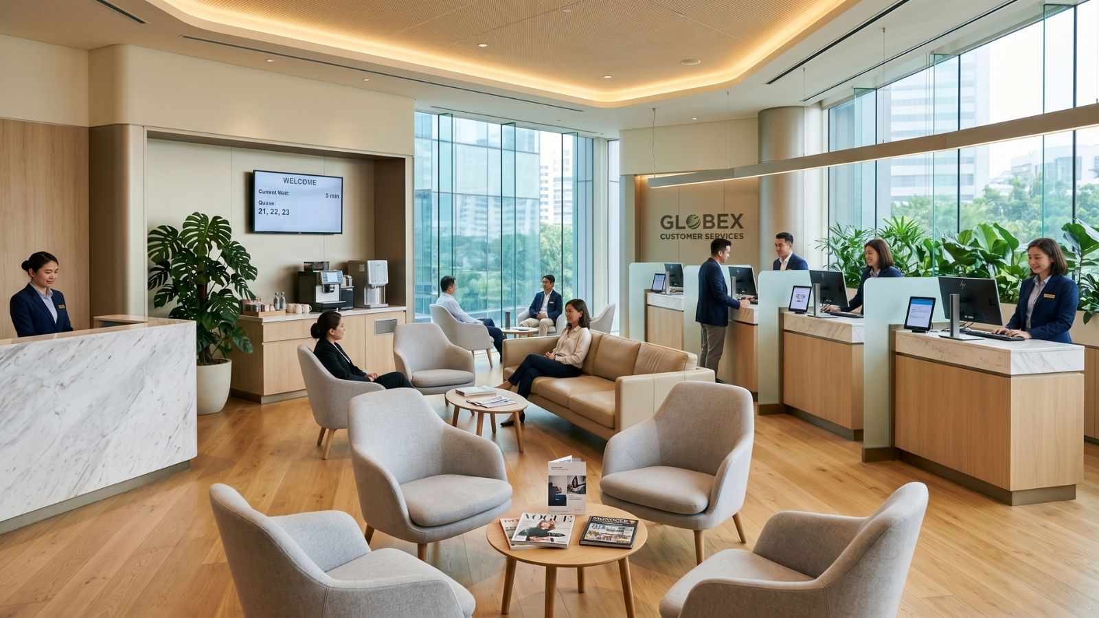 Bố trí ghế ngồi công thái học và đầy đủ tiện ích như nước uống, tạp chí để tạo cảm giác thân thiện