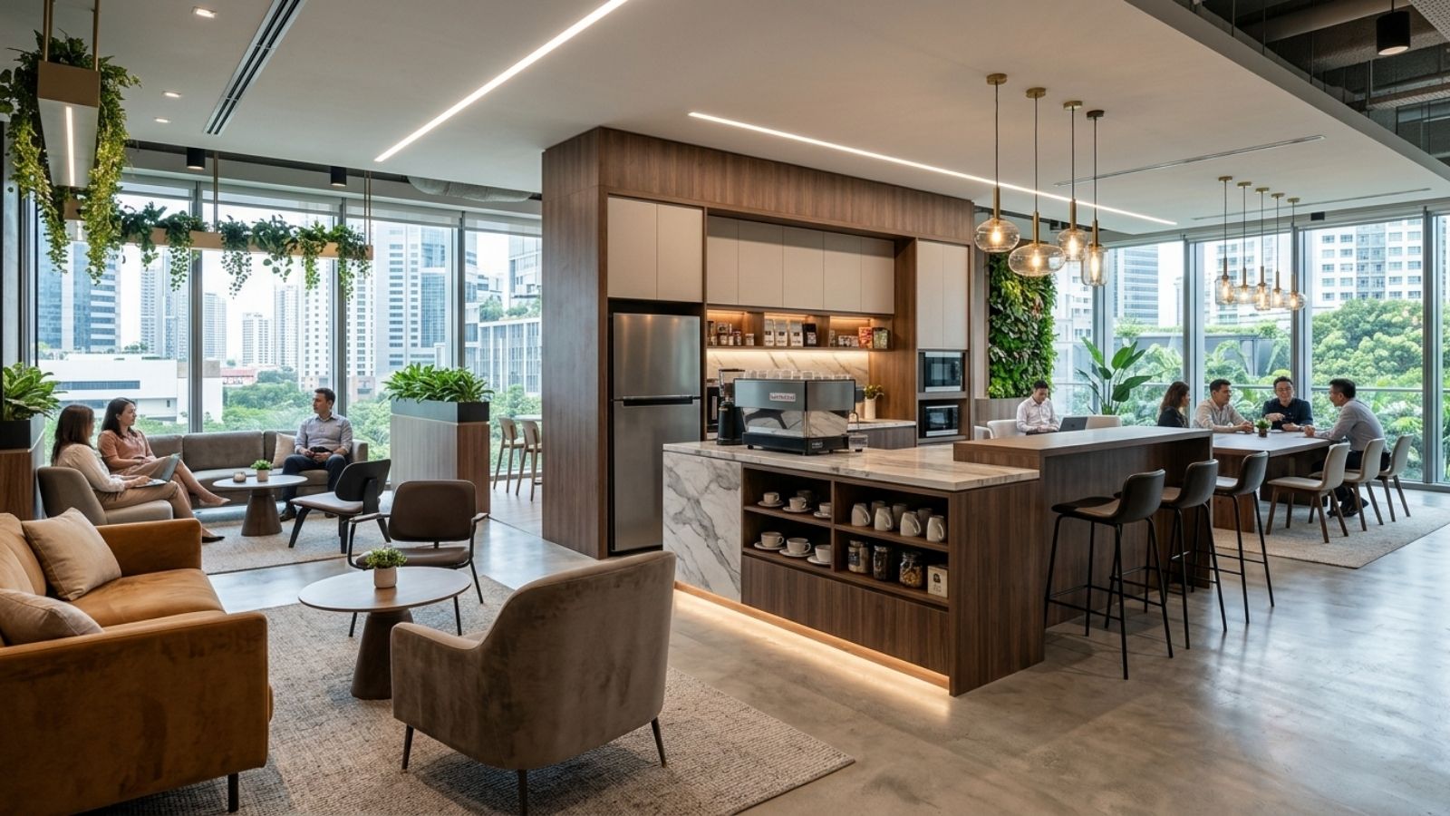 Sử dụng tone màu nâu gỗ trong pantry văn phòng