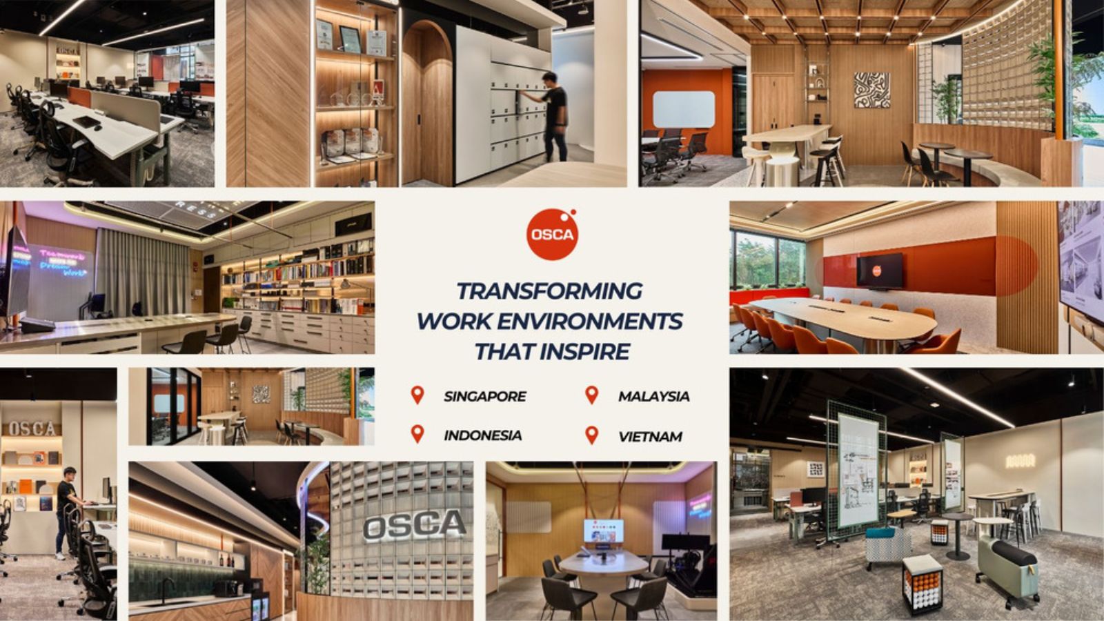 Top 13 Công Ty Thiết Kế Nội Thất Văn Phòng TPHCM Uy Tín 2026 6 Khu vực chờ của văn phòng OSCA Việt Nam với logo nổi bật
