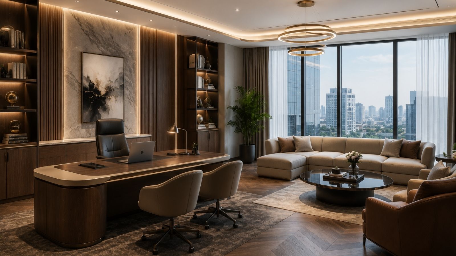 Phòng làm việc giám đốc dùng bàn làm việc bo góc hiện đại, ghế da cao cấp và hệ tủ trang trí tối giản