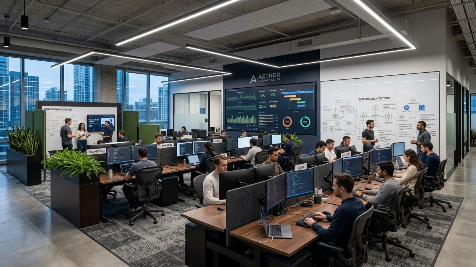 Layout mở khoa học theo mô hình engineering workspace, bố trí các cụm bàn module lớn
