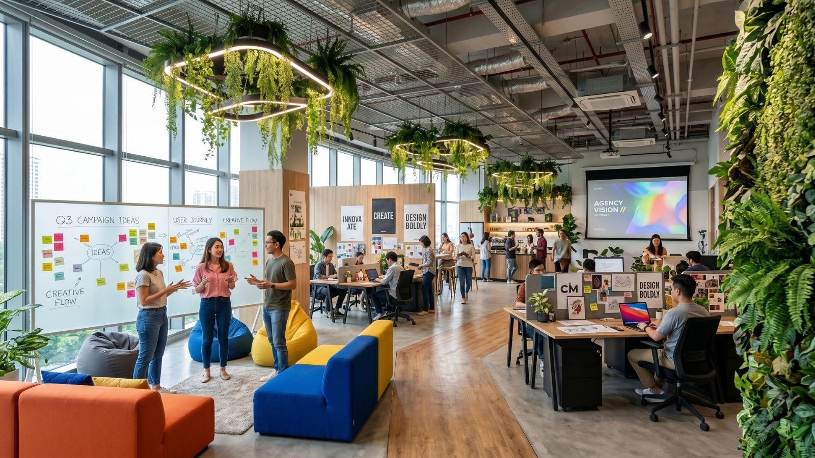 Thiết kế phong cách Biophilic với mật độ cây xanh dày đặc và không gian mở hoàn toàn trong văn phòng marketing