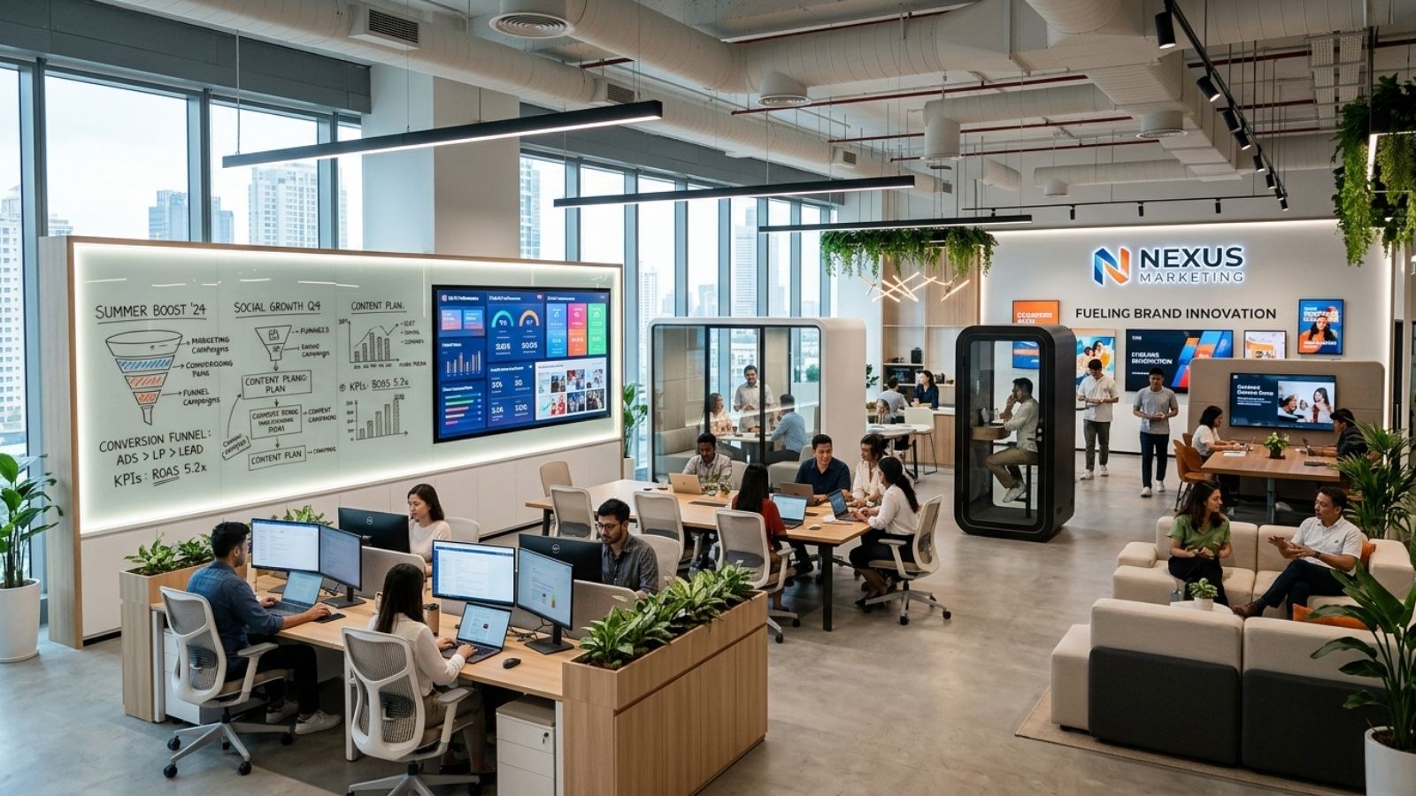 Layout mở linh hoạt với khu làm việc trung tâm dạng creative hub, các cụm bàn module lớn