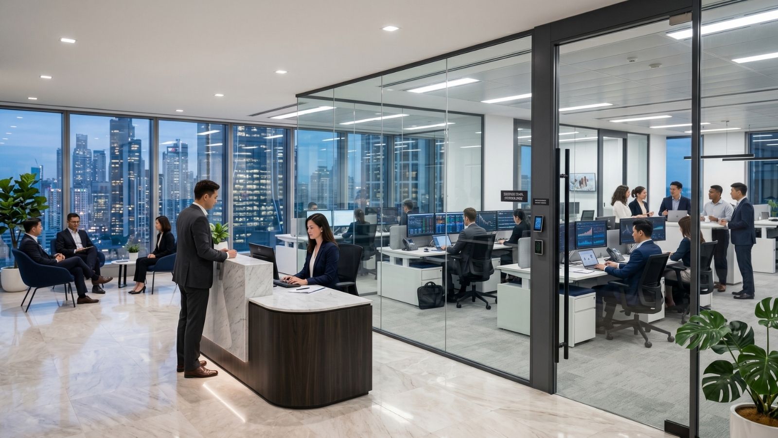 Dùng vật liệu kính cường lực trong suốt tượng trưng cho sự minh bạch, kết hợp cùng khung kim loại sơn tĩnh điện để tạo cảm giác kiên cố, bền vững trong văn phòng