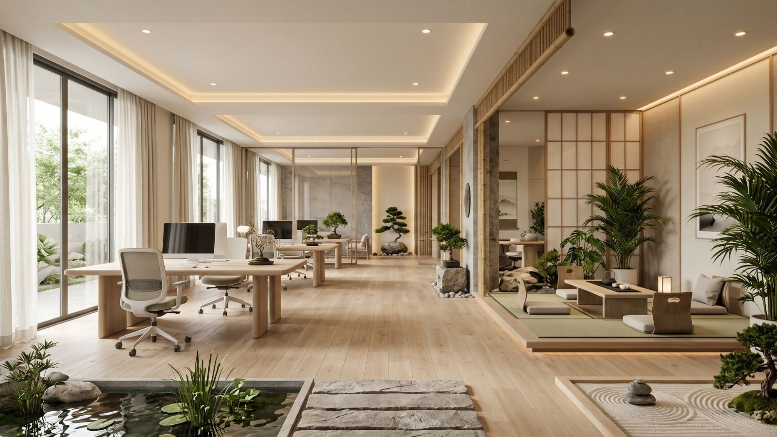 Thiết kế không gian mở không gian mở, vật liệu tự nhiên và các yếu tố thiền định trong văn phòng