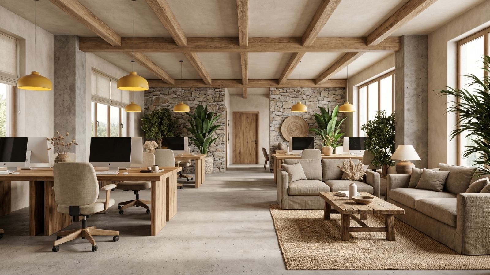 Dùng gỗ thô, đá tự nhiên và vải sợi thô trong văn phòng rustic