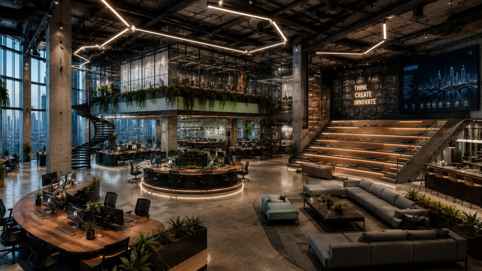 Văn phòng Layout mở gồm khu làm việc chung, phòng họp kính, khu tiếp khách sang trọng, lounge sáng tạo và quầy lễ tân