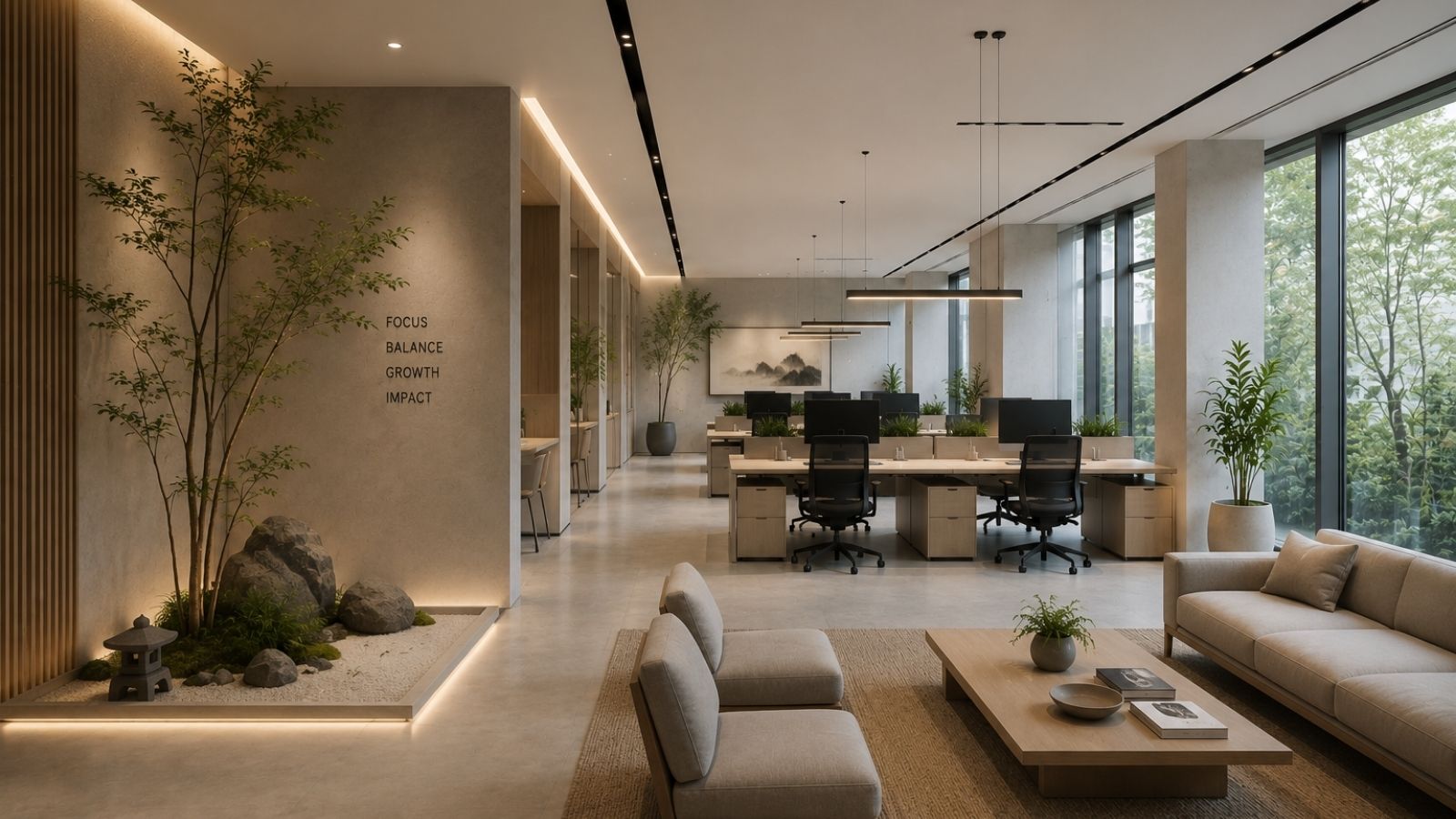 Kết hợp vật liệu gỗ, đá, cát trong văn phòng