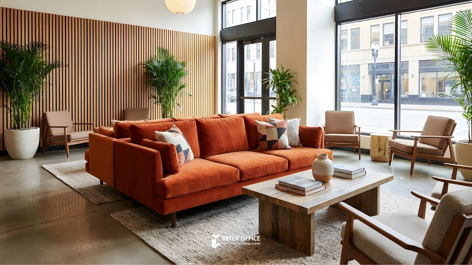 Không gian sảnh chờ văn phòng màu cam kết nối